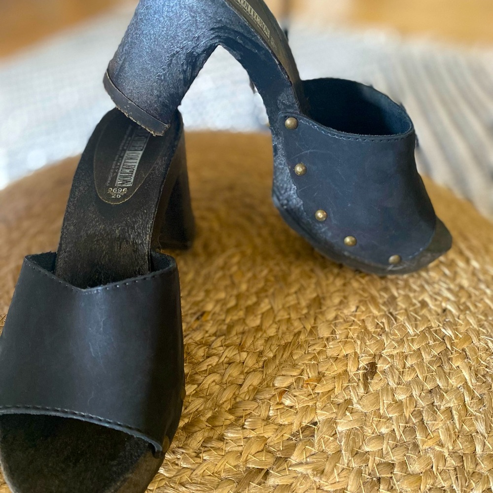 Barbie Italian heeled clogs.  Open toe, grommets, leather, black sole and heel.